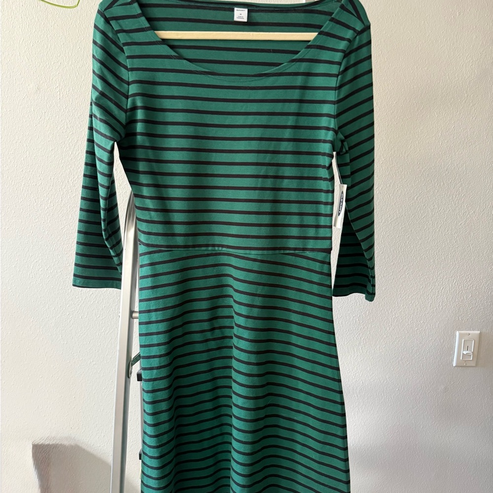 Old Navy Green and Black Striped Long Sleeve Dress